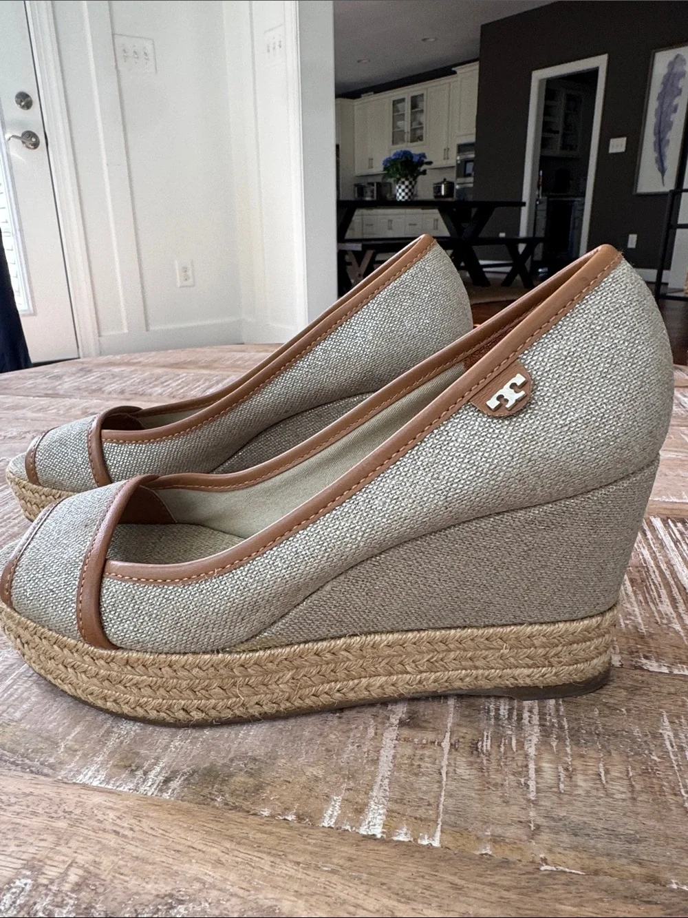 Tory Burch Majorca WEDGE SANDAL ESPADRILLE PLATFORM PEEP CANVAS Size 7